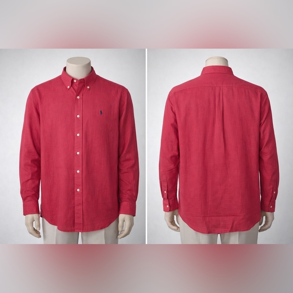 Ralph Lauren XL red Button Down Shirt Blue Pony 100% Cotton Long Sleeve